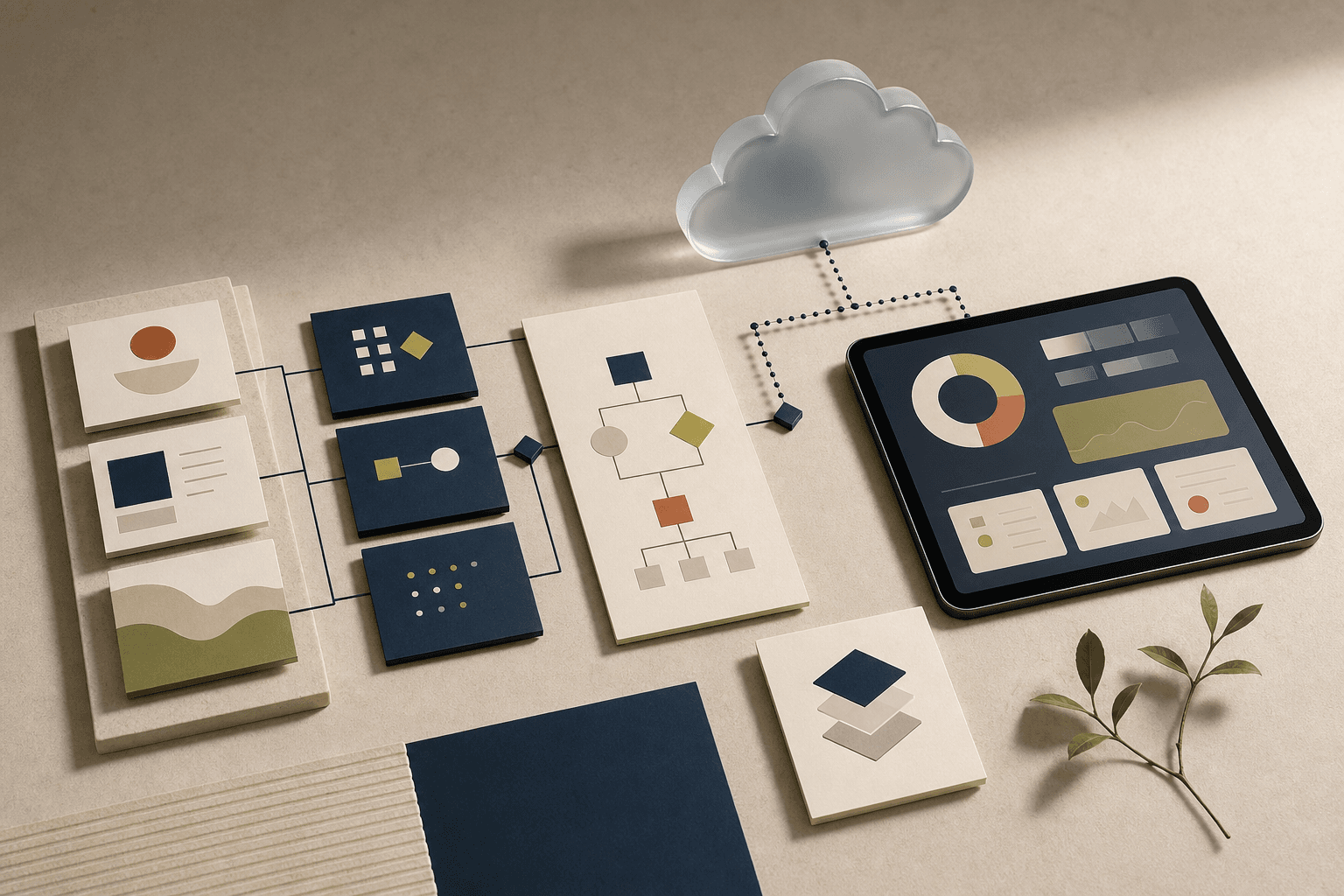 Abstract workflow map moving from business operations to a practical mobile product