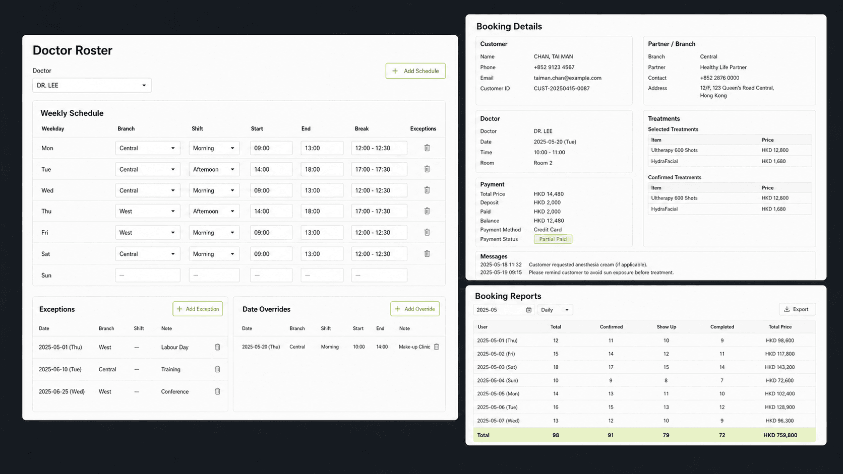 Partner booking operations interface showing doctor roster, booking details, treatments, messages, and reports